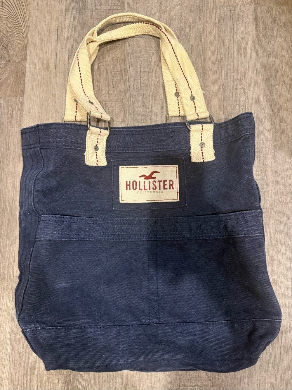 Vintage Hollister Navy Canvas Tote with Cream Handles and Front Pocket